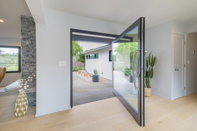 Inspiration for a large modern light wood floor, brown floor and vaulted ceiling entryway remodel in San Francisco with white walls and a glass front door
