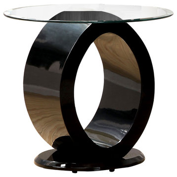 Contemporary Tempered Glass Top End Table With O Shape Base, Black
