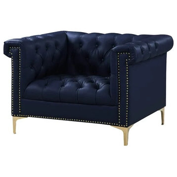 Contemporary Elegant Accent Chair, Gold Legs and Button Tufted PU Seat, Navy Blue