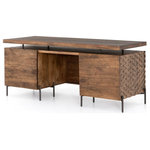 Four Hands - Raffael Desk-Antique Brown - A two-tier desk of brown mango wood features intricate carving for a uniquely textured look and float-like feel. Gunmetal-finished iron legs offer an intriguing material mix with a modern touch.