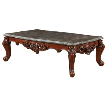 Benzara BM186992 Rectangular Wood and Marble Coffee Table, Walnut Brown