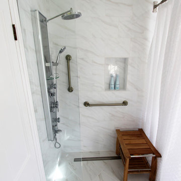 White Bathroom with Zero Entry Tiled Shower ~ Medina, OH