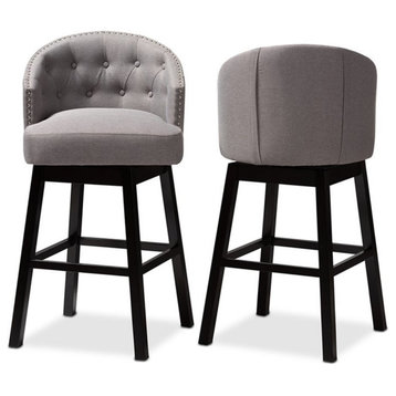 Baxton Studio Theron 30"H Upholstered Wood Swivel Bar Stool in Gray Set of 2
