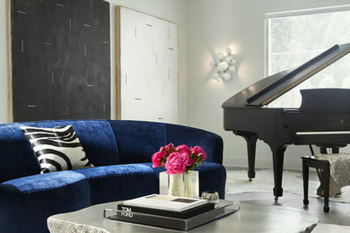 Large trendy formal and open concept light wood floor and gray floor living room photo in Miami with gray walls