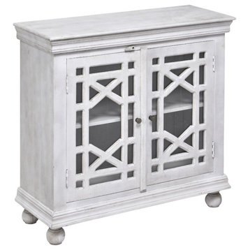 40" Distressed White Solid Wood Glass Trellis Doors Accent Cabinet