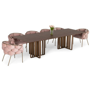 Gia Modern Walnut and Brass Stainless Steel Dining Table