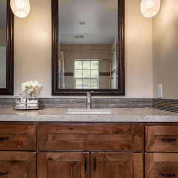 Bathroom with Pendant Lighting and Dark Wood Framed Wall Hung Mirrors