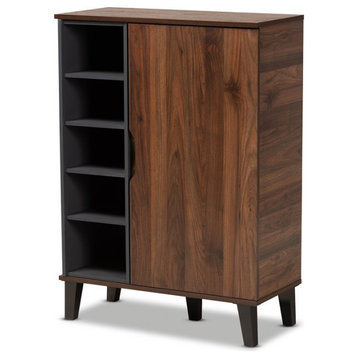 Pemberly Row Two-Tone Wood 1-Door Shoe Cabinet in Walnut Brown and Gray