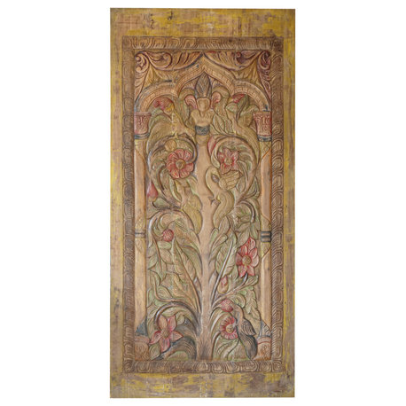Consigned Vintage Carved Panel Tree Of Life Colorful Wall Decor Sliding Door 84