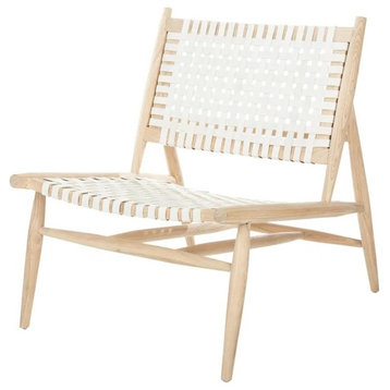 Unique Accent Chair, Sungkai Wooden Frame and Woven Leather Seat, Natural/White
