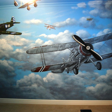 Aviation/Planes Themed Mural by Tom Taylor of Wow Effects, for a boy's bedroom.