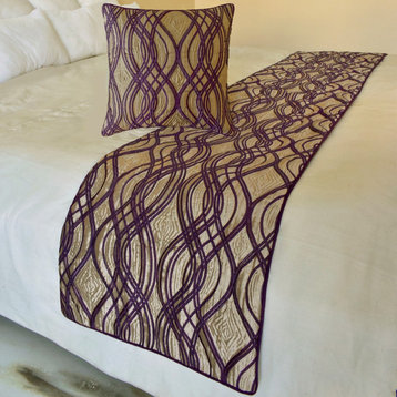 Designer Plum Jacquard Queen 74"x18" Bed Runner With Pillow Cover Plum Swirls