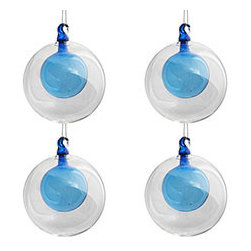 Mouth-blown Double Globes - Blue - Set of 4 - New - Christmas Ornaments