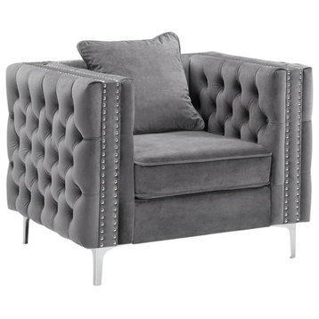 Bowery Hill 19'' Contemporary Velvet Button Tufted Accent Chair in Gray