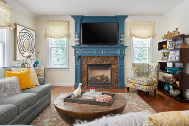 Large open concept medium tone wood floor and brown floor living room photo in New York with white walls, a standard fireplace, a stone fireplace and a wall-mounted tv