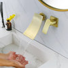 Brushed Gold Wall Mount Waterfall Spout Bathroom Sink Faucet