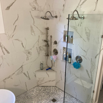 Serene Spa-Inspired Bathroom Remodel: Rain Shower, Pebble Pan, Freestanding Tub