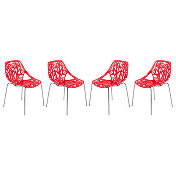 LeisureMod Asbury Plastic Dining Chair With Chromed Legs Set of 4, Red