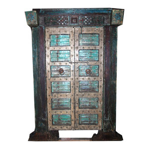 Mogulinterior - Consigned Antique Indian Hand-Carved Haveli Teak Wood Double Door & Frame - Bookcases
