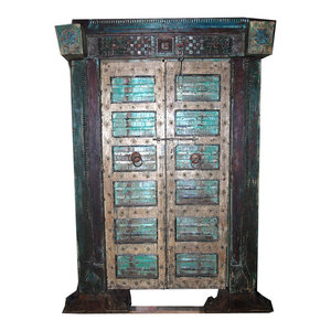 Mogulinterior - Consigned Antique Indian Hand-Carved Haveli Teak Wood Double Door & Frame - Interior Doors