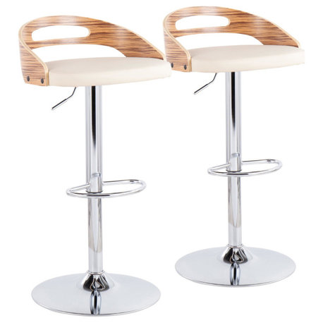 Cassis Adjustable Barstool, Set of 2, Chrome, Zebra Wood, Cream PU