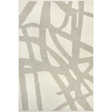 Arvin Olano Cream Claude Abstract Fringed Reversible Area Rug, Cream 3' 3" x 5'