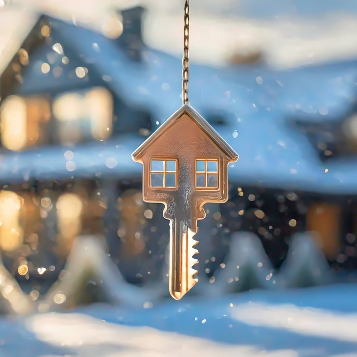 home key in front of snowy house
