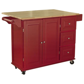 Classic Kitchen Cart, Drop Leaf Top & Cabinets/Drawers With Round Knobs, Red