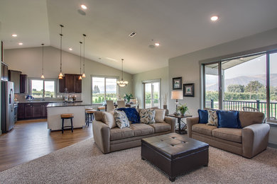 Inspiration for a large craftsman formal and open concept carpeted and beige floor living room remodel in San Diego with gray walls, no fireplace and no tv