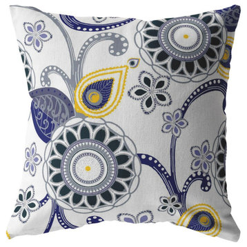 26" Navy White Floral Indoor Outdoor Throw Pillow
