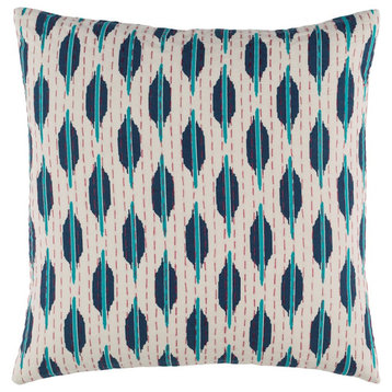 Kantha by Surya Poly Fill Pillow, Teal/Navy/Bright Red, 22' x 22'