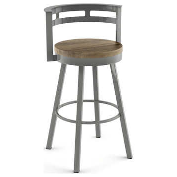 Amisco Vector Swivel Counter and Bar Stool, Beige Distressed Wood / Metallic Grey Metal, Counter Height