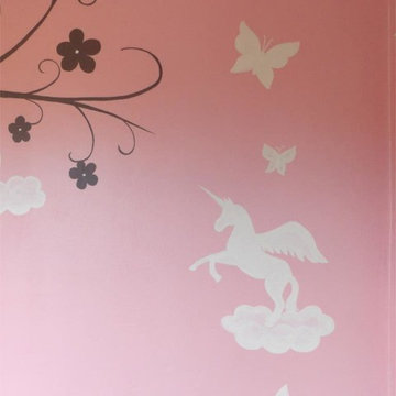 Pink girl's princess room with fairies, unicorns and butterflies