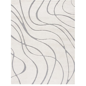 Contemporary Area Rug, Abstract Wave Patterned Polypropylene, Cream/Grey