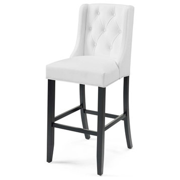 Tufted Bar Stool Chair Barstool, Faux Leather, Wood, White, Modern, Bar Pub