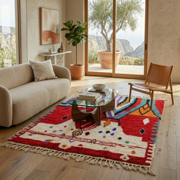 Azilal Red Abstract Art Statement Rug in Contemporary Living Room