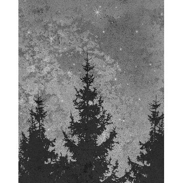 Forest Trees Night Scene Mural Peel and Stick Vinyl Wallpaper, Black and White, 24"x96"