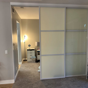 Top Hung Room Dividers White Frame White Laminated Glass 3 panel / 3 track.