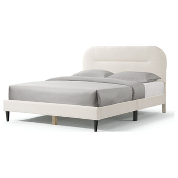 Miles White Boucle Upholstered Wood Frame Platform Bed, Queen, Rounded
