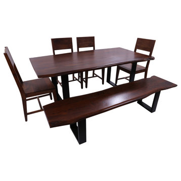 Solid Wood 6 Piece Dining Set With Metal Legs Table, Bench and Four Chairs