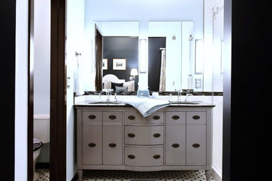 Small elegant master black and white tile and ceramic tile mosaic tile floor double shower photo in Other with an undermount sink, furniture-like cabinets, gray cabinets, granite countertops and blue walls