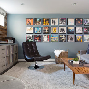 Photo of a medium sized retro look-out basement in DC Metro with grey walls, ceramic flooring, no fireplace and grey floors.