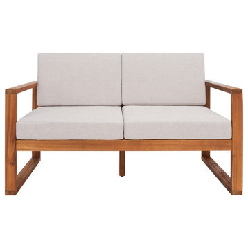 Safavieh Emiko Outdoor Bench Natural Wood/Light Grey Cushion
