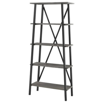 Rustic Bookcase, Metal Frame With Crossed Back Support & 4 Open Shelves, Gray