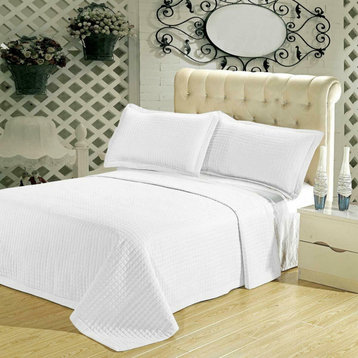 Wrinkle-Free Checkered Quilted Coverlet Set, White, King/Cal King