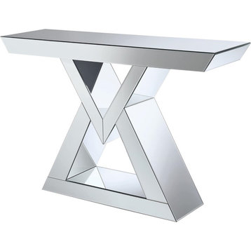 Contemporary Console Table, Hourglass Design With Mirrored Panels, Silver Finish