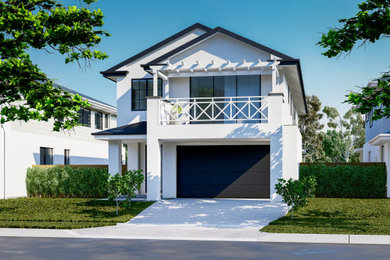Contemporary white house exterior in Brisbane with mixed siding, a gable roof, a metal roof, a black roof and shingle siding.