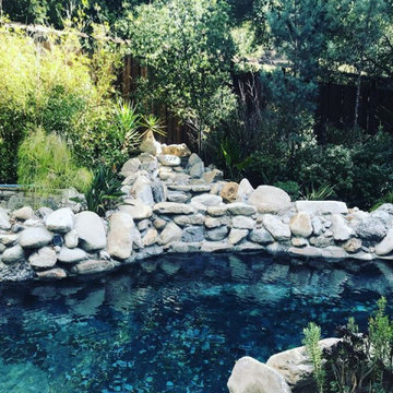 Natural Boulder coping for a pond, with large stones, and a waterfall.