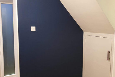 Bedroom - mid-sized modern guest brown floor bedroom idea in Boston with blue walls