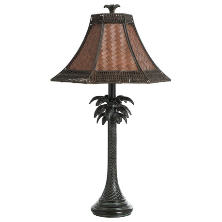 French Verdi Table Lamp-Dark Brown Finish-Brown Woven Rattan Shade